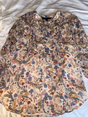 Tommy Hilfiger Cream Floral Pintuck Blouse with Blue and Pink Accents